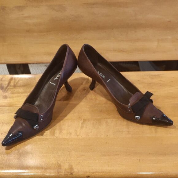 Prada size 37.5 brown and black authenticated kitten heels Made in Italy - Picture 2 of 16